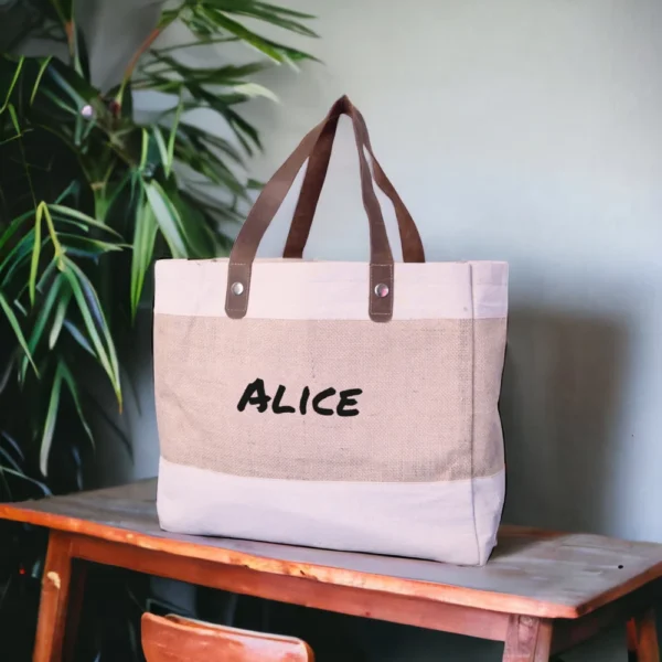 ⁦Jute Bag With Leather Handle⁩ - الصورة ⁦2⁩